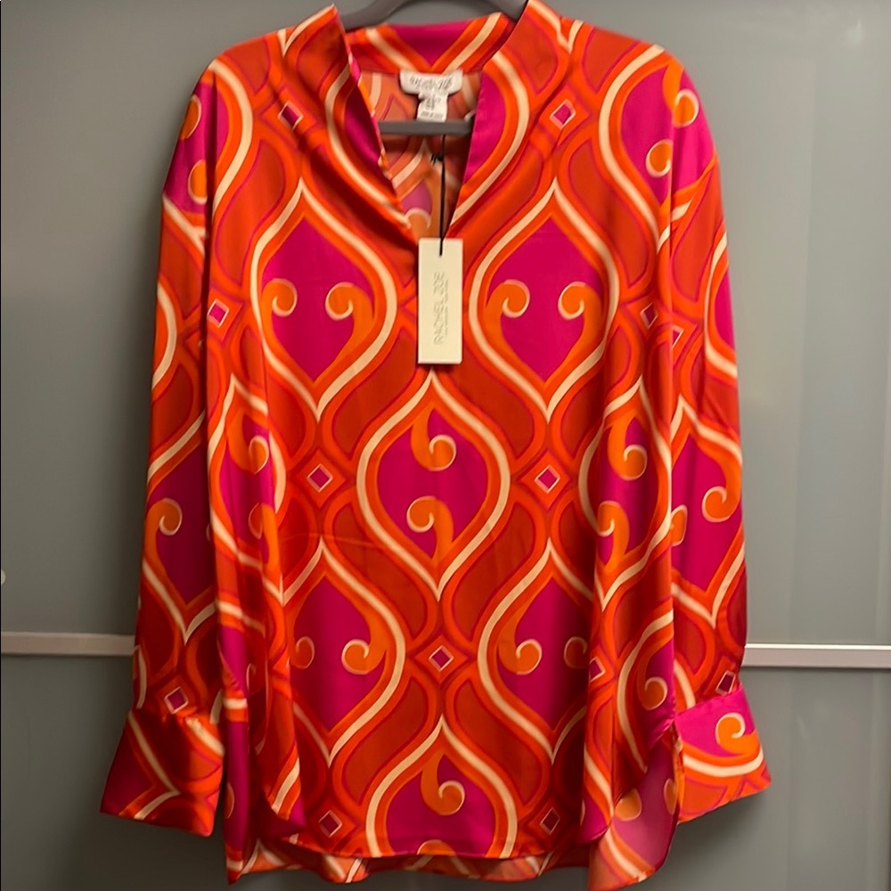 Rachel Zoe Orange Graphic Blouse with Mandarin Collar